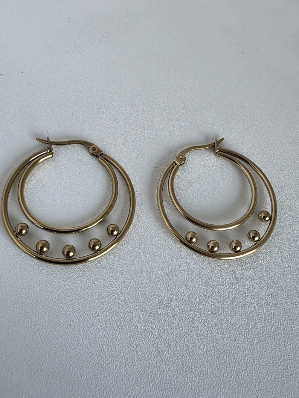 Stainless Steel Gold Double Hoop Beaded Earrings | Modern Minimalist Hoops - Picture 2 of 4